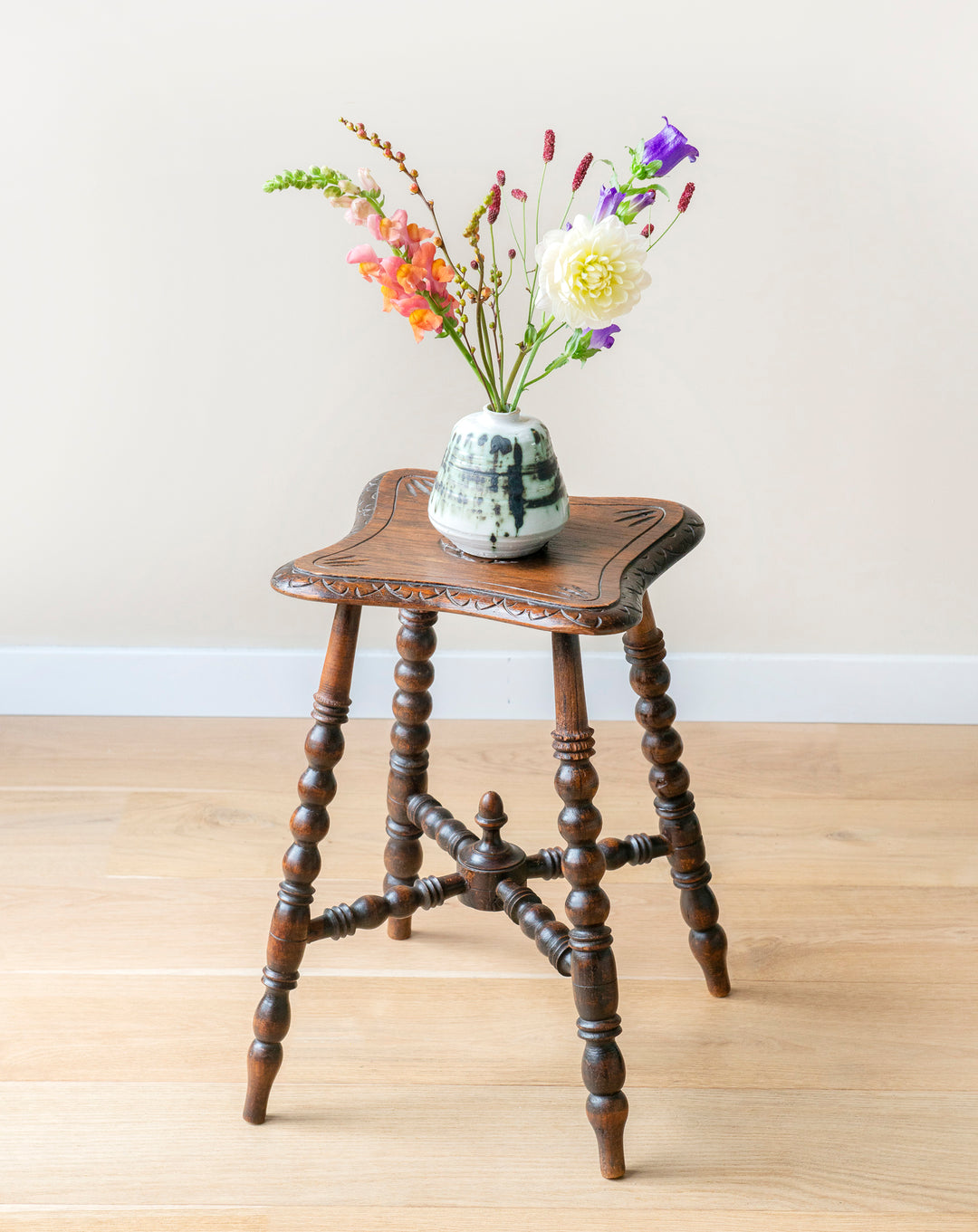 Antique Carved Side Table With Bobbin Legs, 19th Century