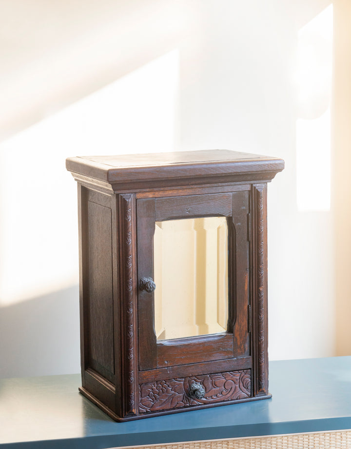 Antique Dark Brown Apothecary Cabinet, Beveled Glass Mirror