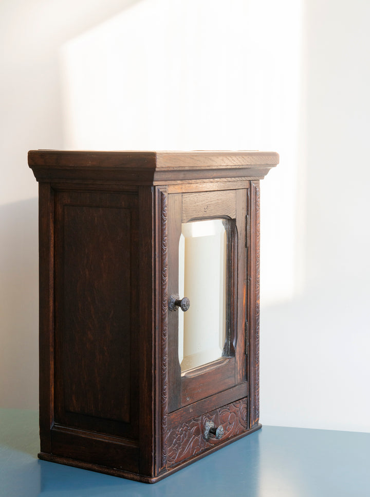 Antique Dark Brown Apothecary Cabinet, Beveled Glass Mirror