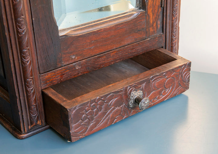 Antique Dark Brown Apothecary Cabinet, Beveled Glass Mirror