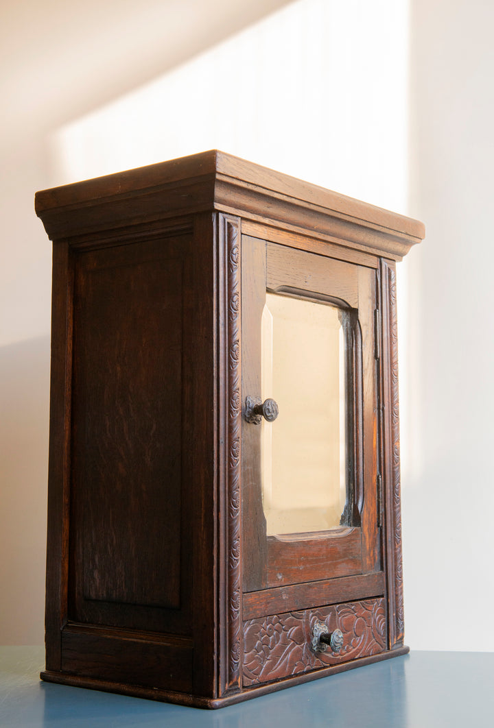 Antique Dark Brown Apothecary Cabinet, Beveled Glass Mirror