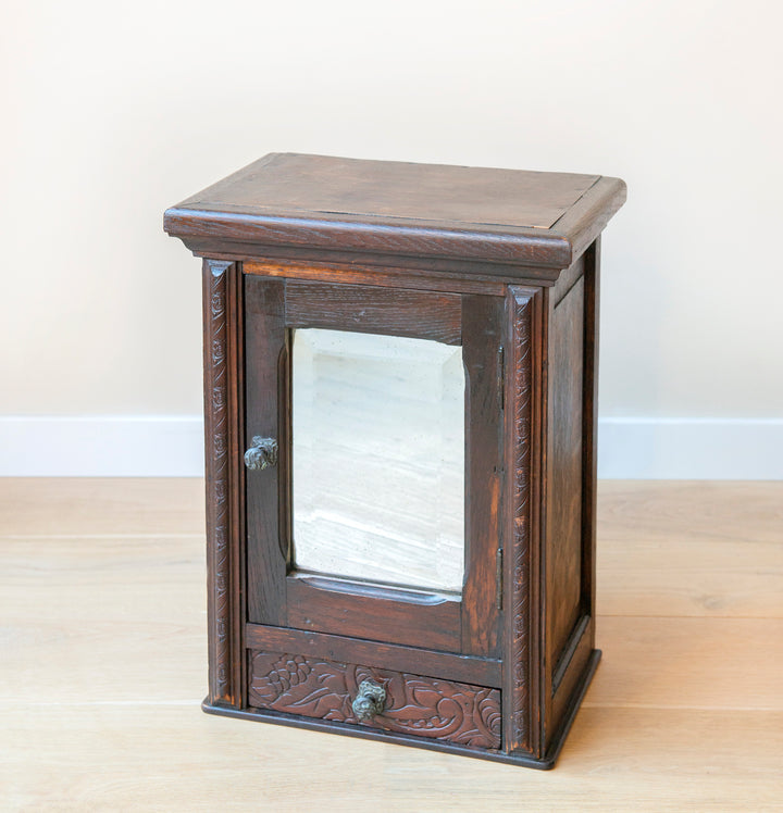 Antique Dark Brown Apothecary Cabinet, Beveled Glass Mirror