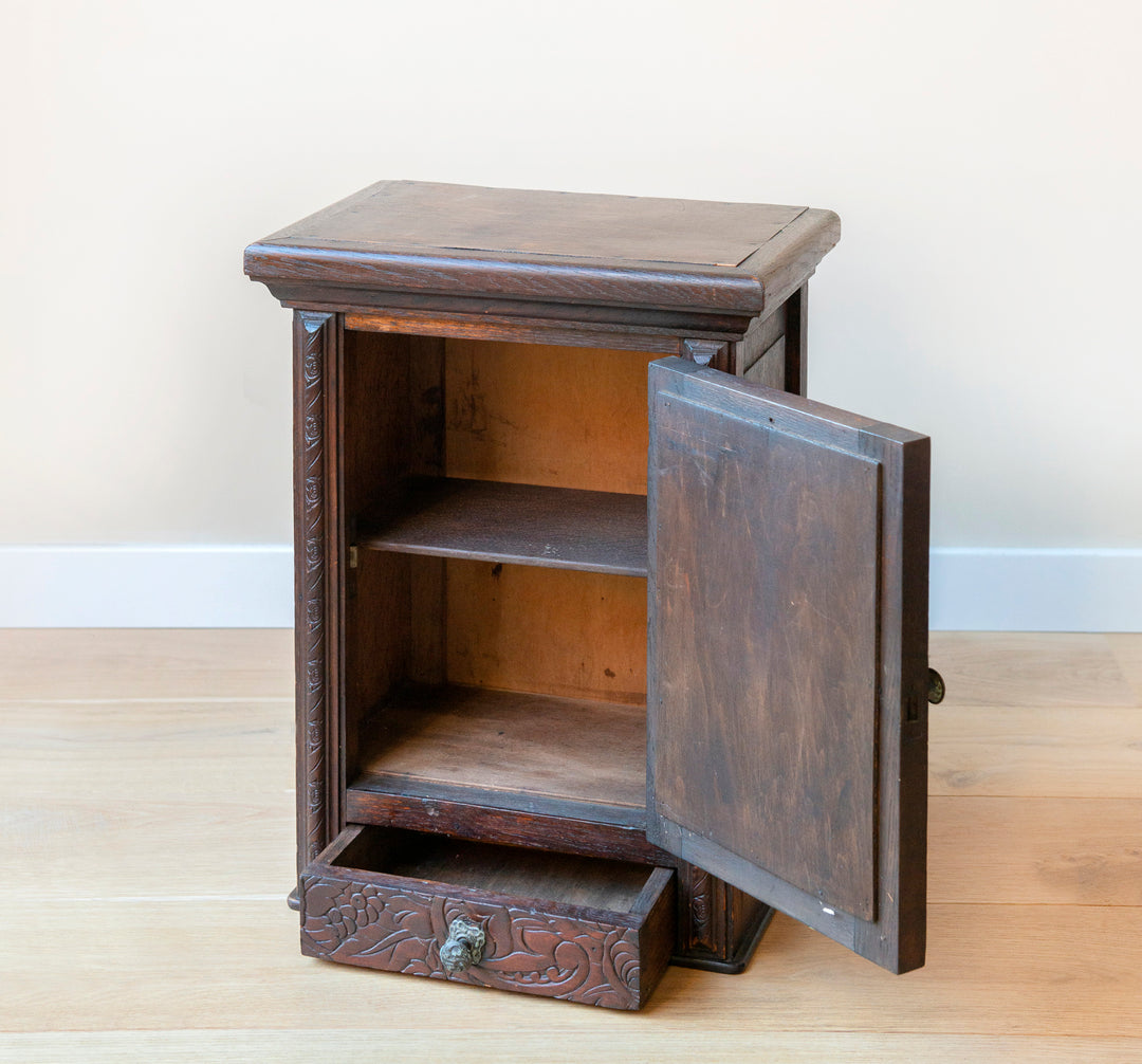 Antique Dark Brown Apothecary Cabinet, Beveled Glass Mirror