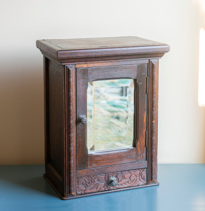 Antique Dark Brown Apothecary Cabinet, Beveled Glass Mirror