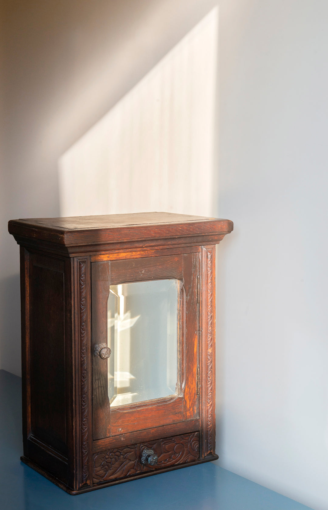 Antique Dark Brown Apothecary Cabinet, Beveled Glass Mirror