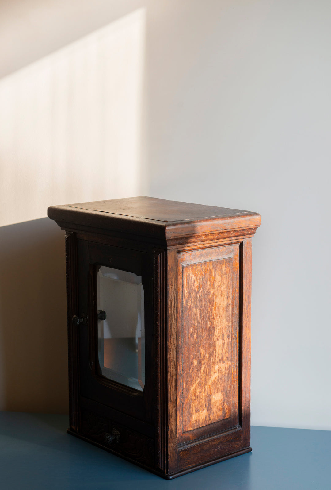 Antique Dark Brown Apothecary Cabinet, Beveled Glass Mirror