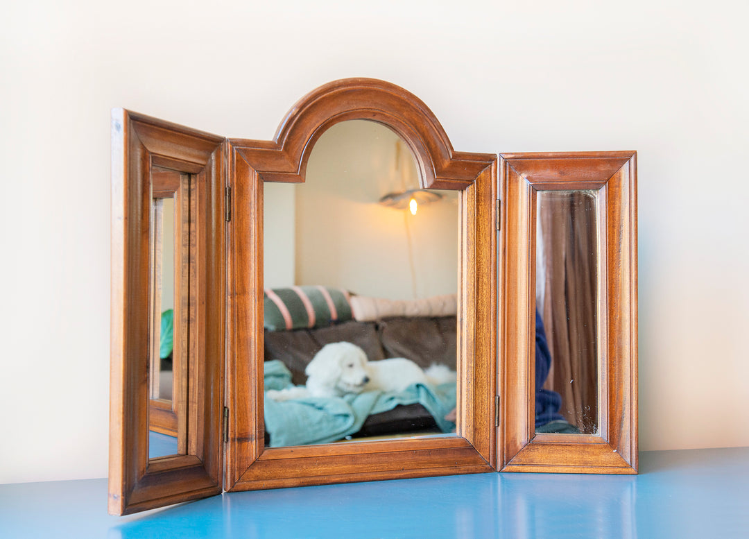 Antique Triptych Table Mirror, Oak Wood