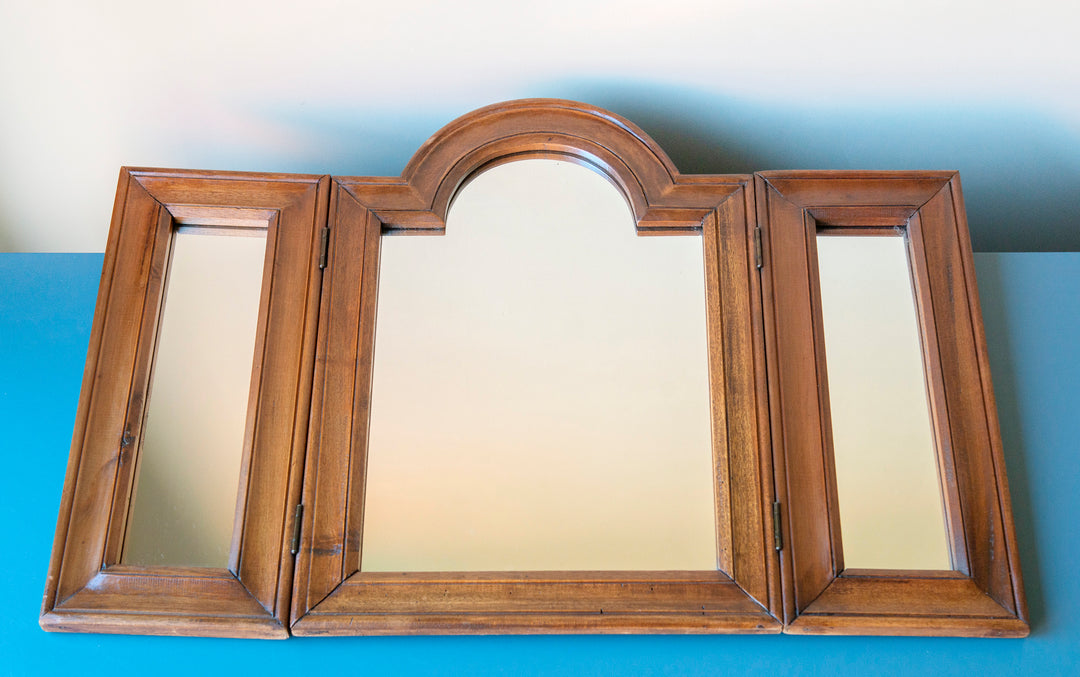 Antique Triptych Table Mirror, Oak Wood