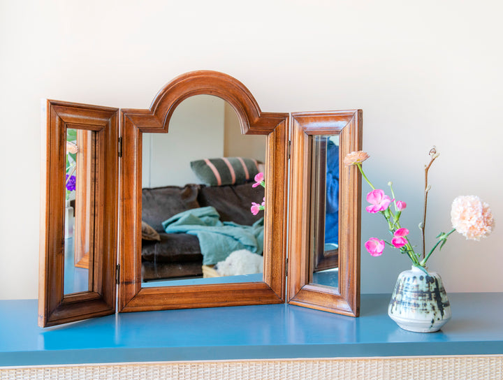 Antique Triptych Table Mirror, Oak Wood