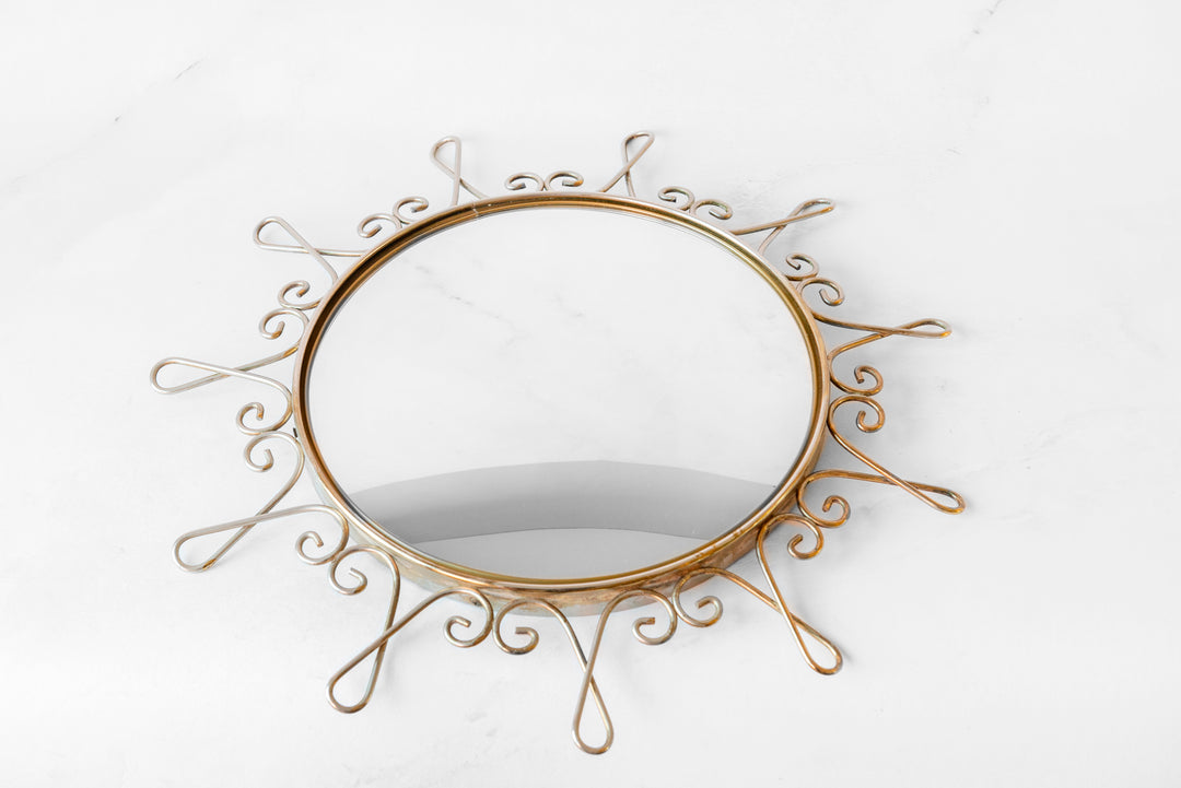 Round Convex Golden Wall Mirror, 1960s Design