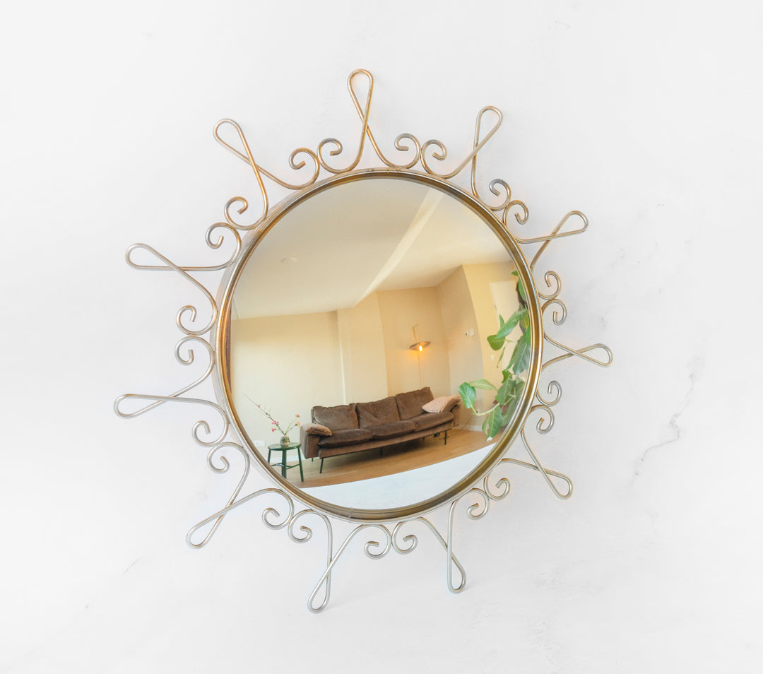 Round Convex Golden Wall Mirror, 1960s Design