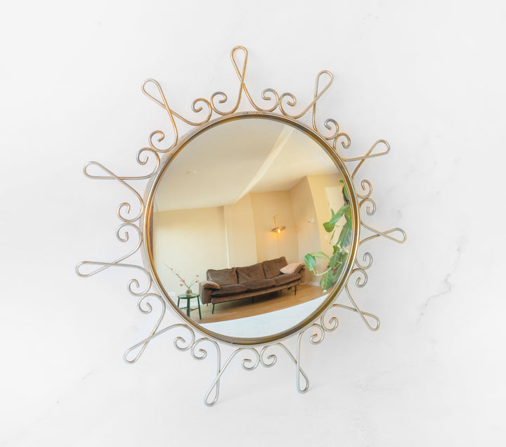 Round Convex Golden Wall Mirror, 1960s Design