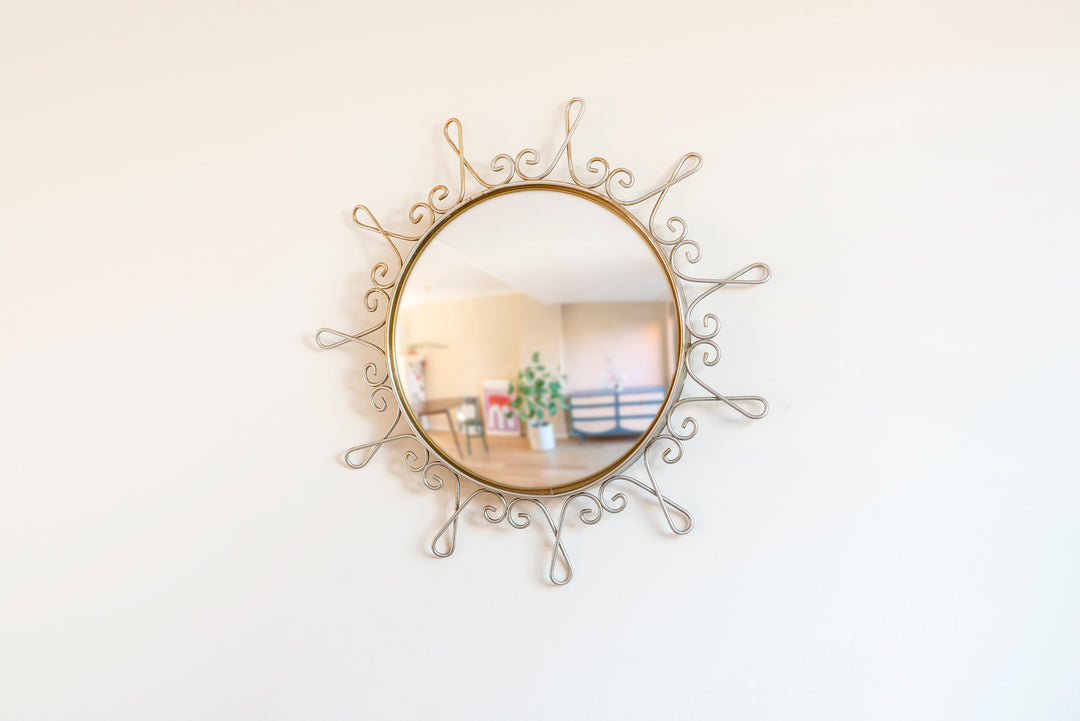 Round Convex Golden Wall Mirror, 1960s Design