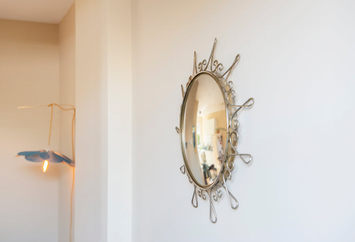 Round Convex Golden Wall Mirror, 1960s Design