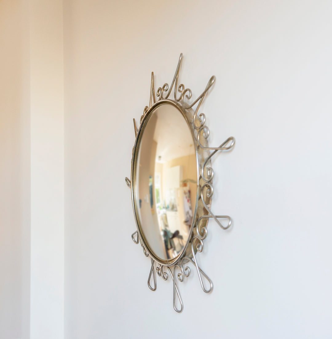 Round Convex Golden Wall Mirror, 1960s Design