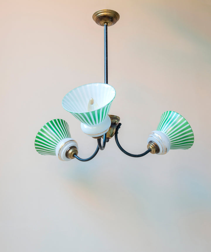 French Art Deco Ceiling Lamp, Art Glass Shades