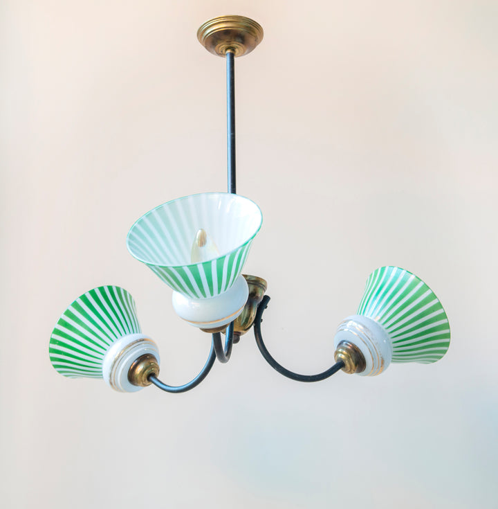 French Art Deco Ceiling Lamp, Art Glass Shades