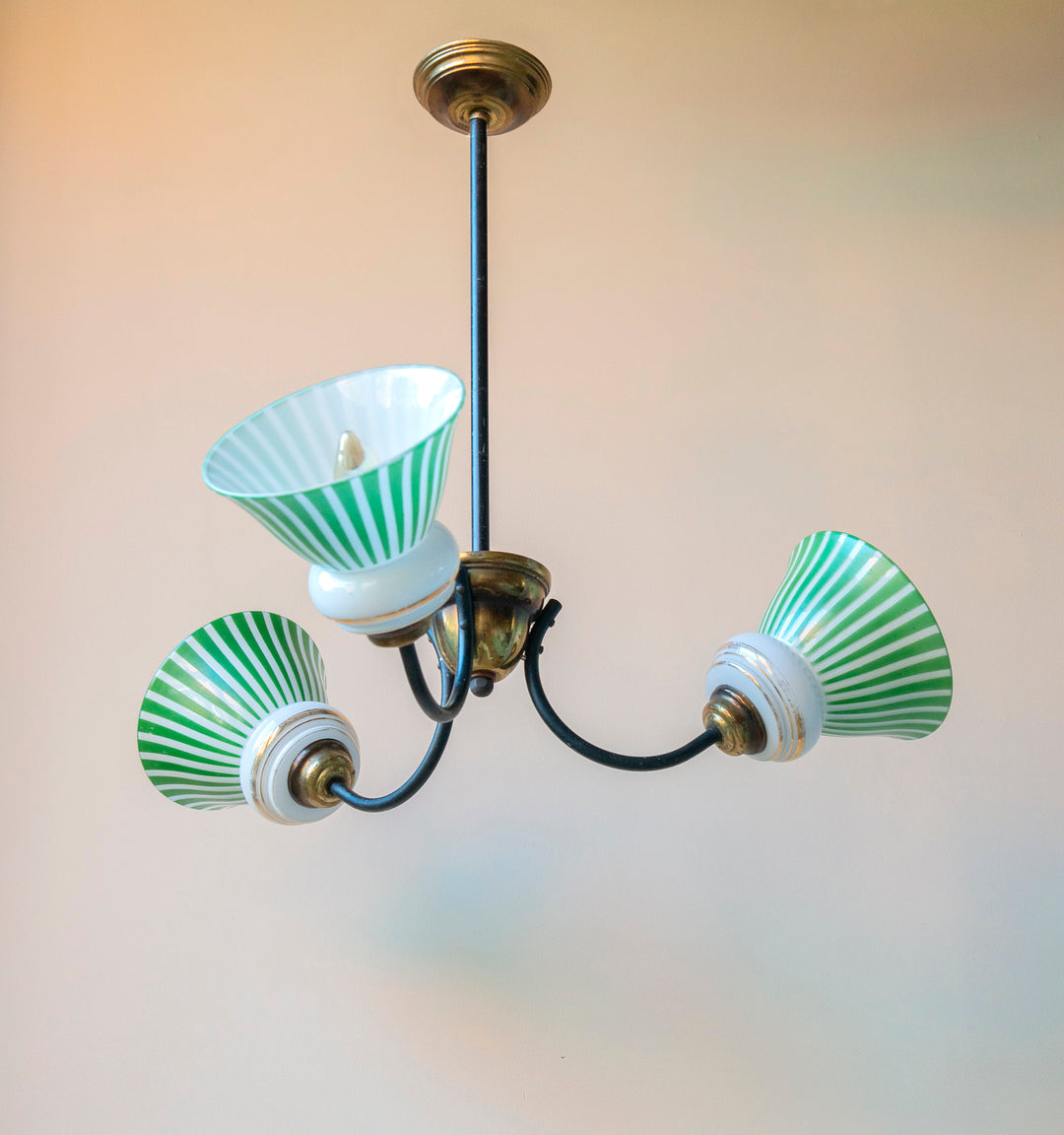 French Art Deco Ceiling Lamp, Art Glass Shades