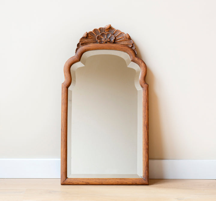 Antique Scalloped Oak Mirror With Ornament, 1920s