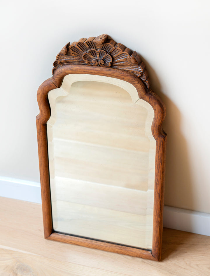 Antique Scalloped Oak Mirror With Ornament, 1920s