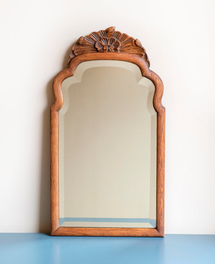 Antique Scalloped Oak Mirror With Ornament, 1920s