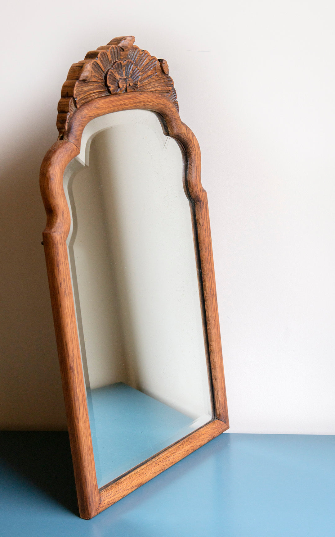 Antique Scalloped Oak Mirror With Ornament, 1920s