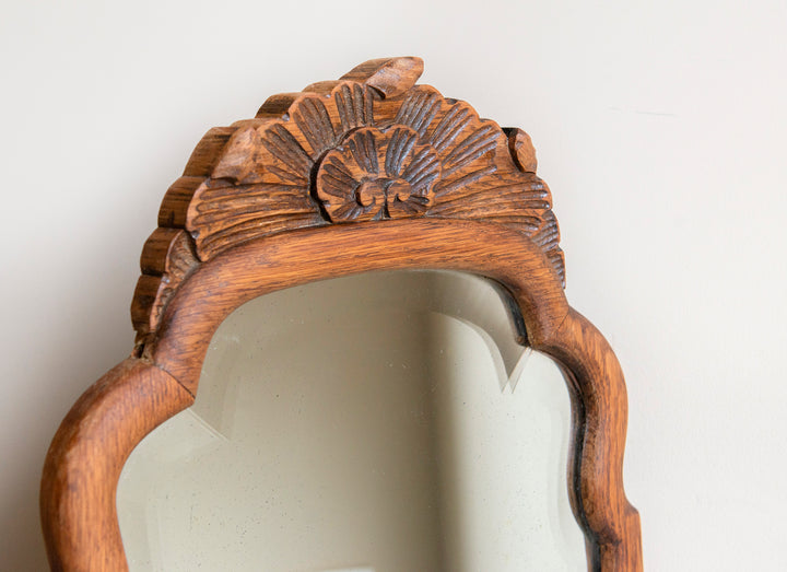 Antique Scalloped Oak Mirror With Ornament, 1920s