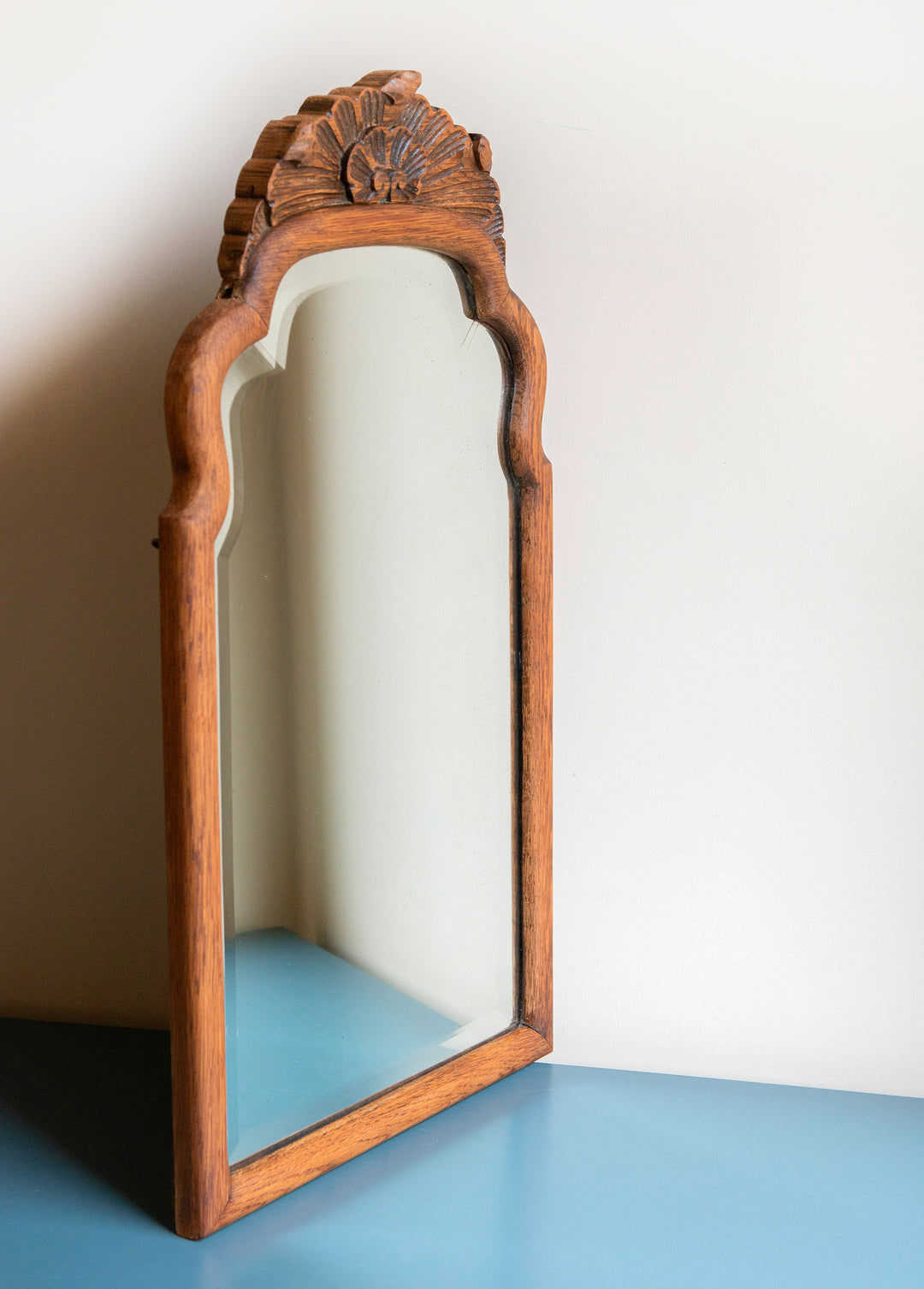 Antique Scalloped Oak Mirror With Ornament, 1920s