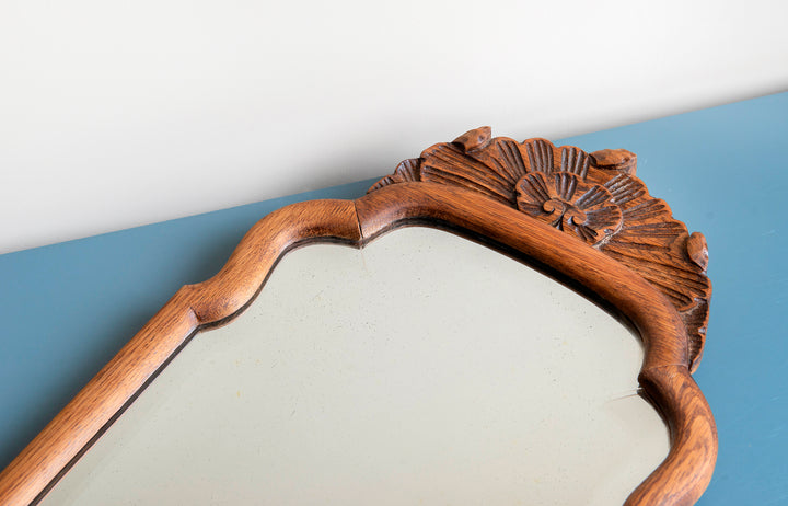 Antique Scalloped Oak Mirror With Ornament, 1920s