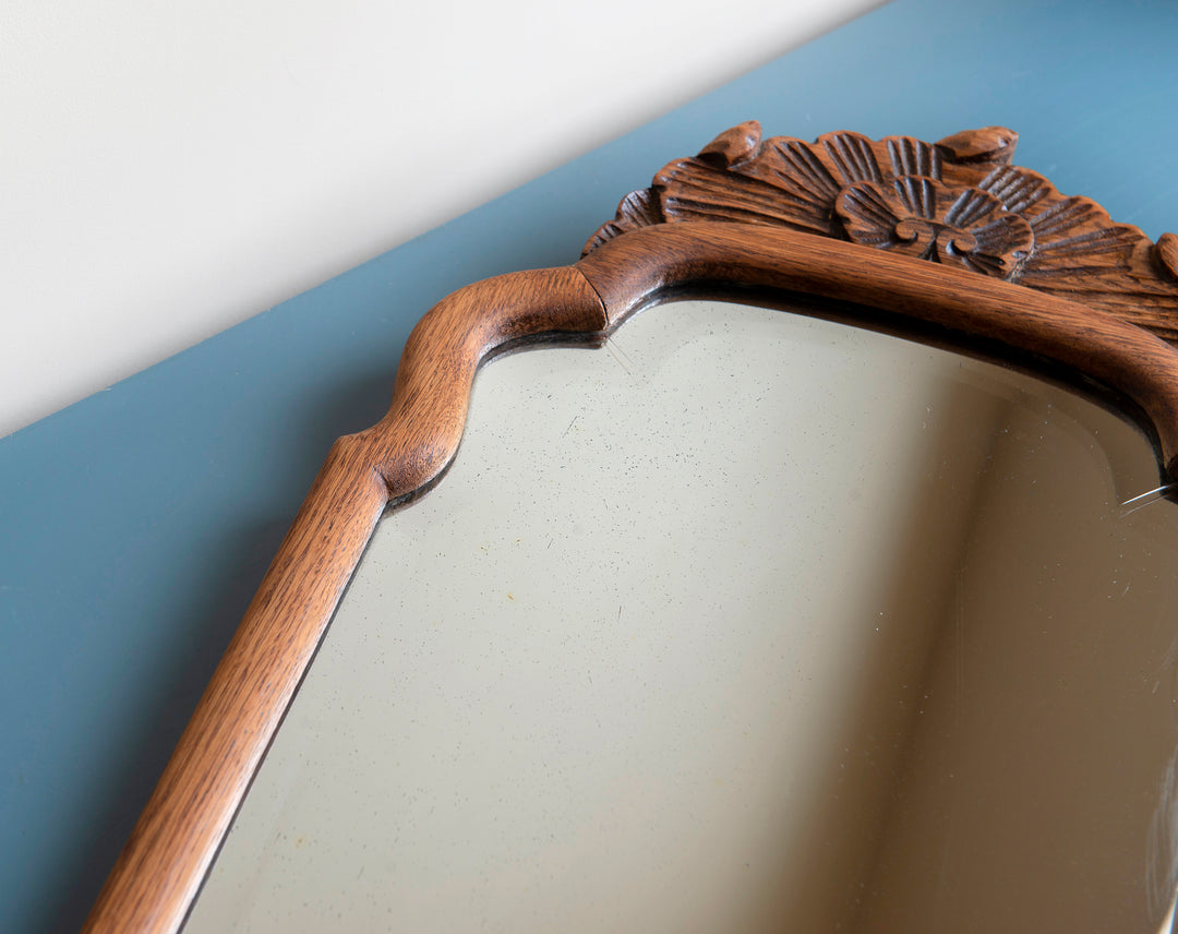 Antique Scalloped Oak Mirror With Ornament, 1920s