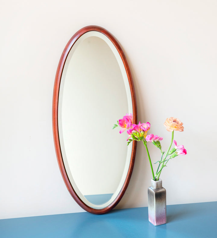 Antique Oval Mirror With Beveled Glass, Walnut Wood