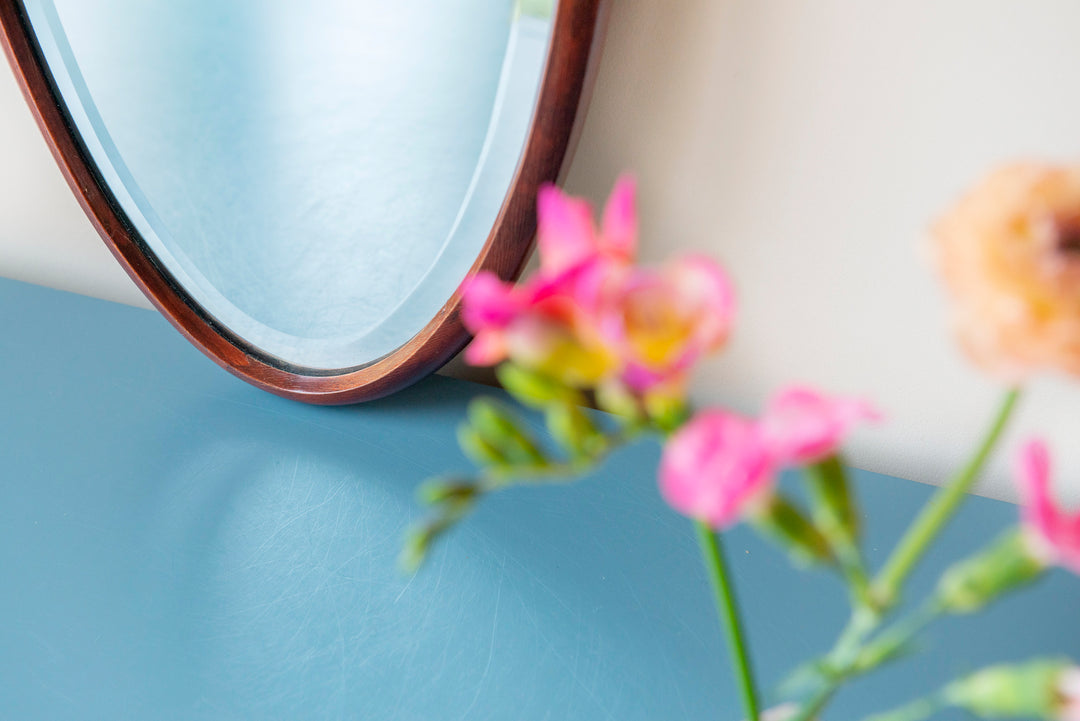 Antique Oval Mirror With Beveled Glass, Walnut Wood