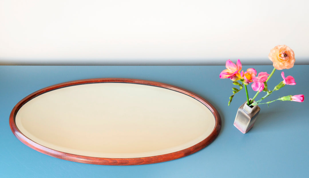 Antique Oval Mirror With Beveled Glass, Walnut Wood