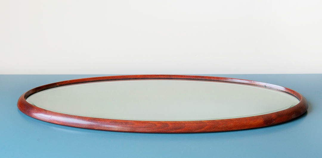 Antique Oval Mirror With Beveled Glass, Walnut Wood