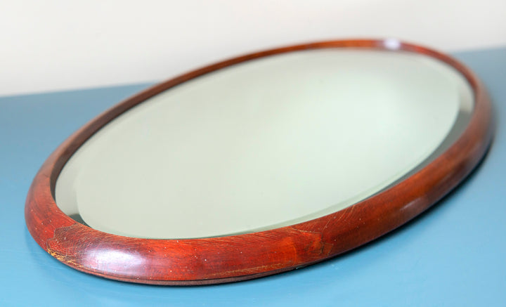 Antique Oval Mirror With Beveled Glass, Walnut Wood