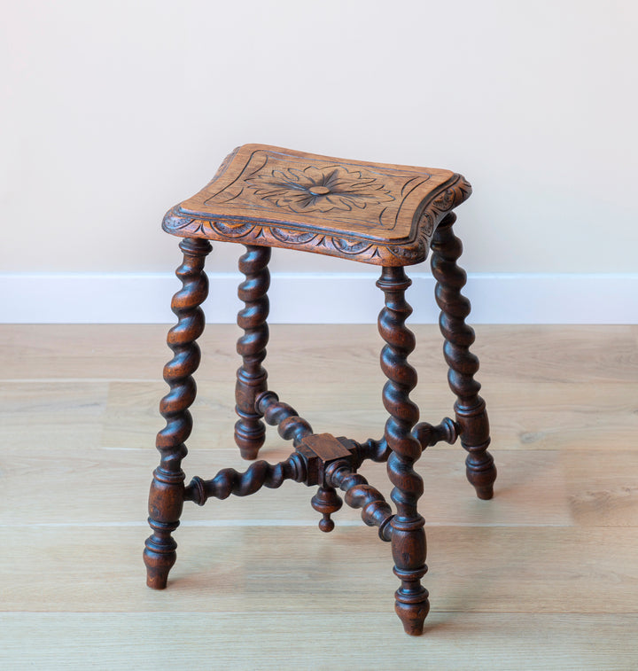 Antique Hand Carved Side Table, Barley Twist Legs