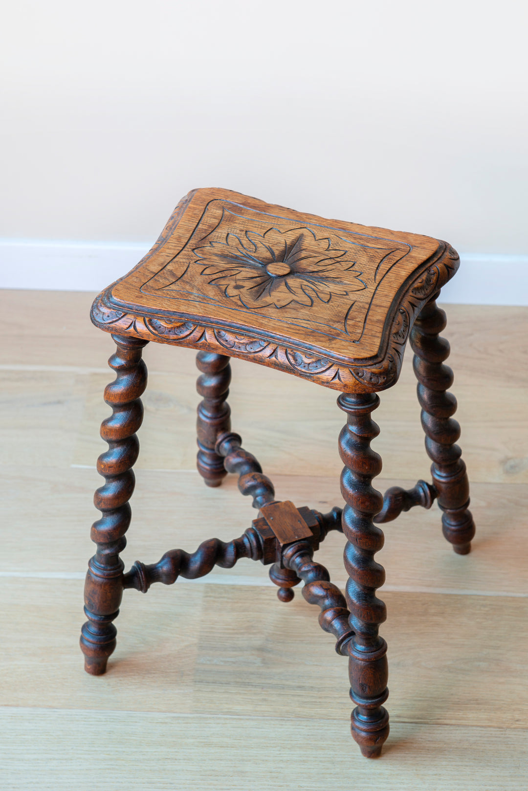 Antique Hand Carved Side Table, Barley Twist Legs