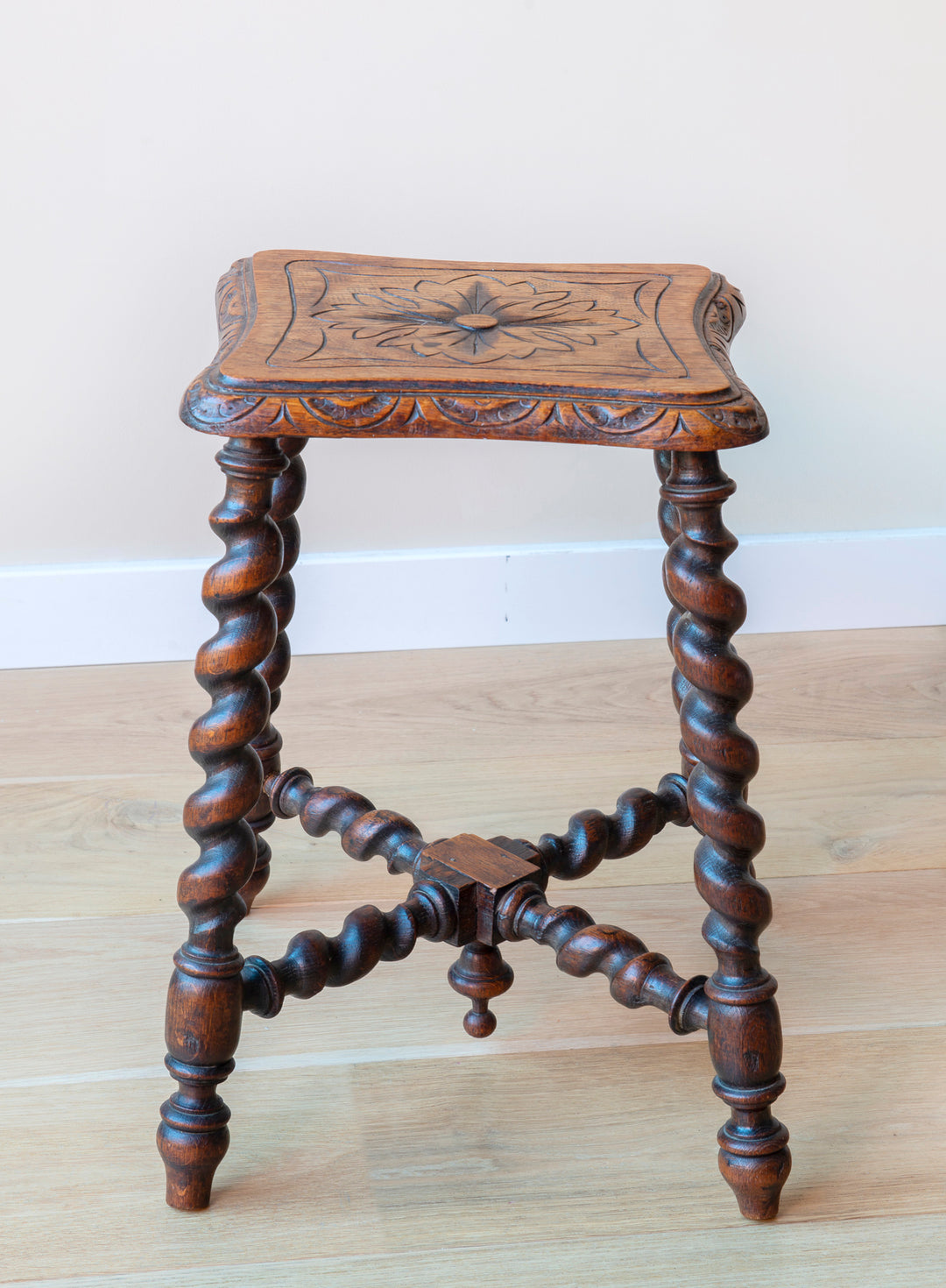 Antique Hand Carved Side Table, Barley Twist Legs