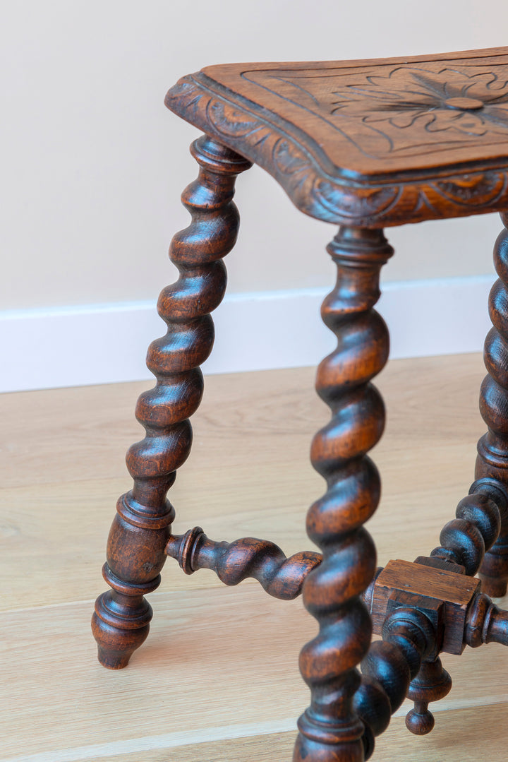 Antique Hand Carved Side Table, Barley Twist Legs