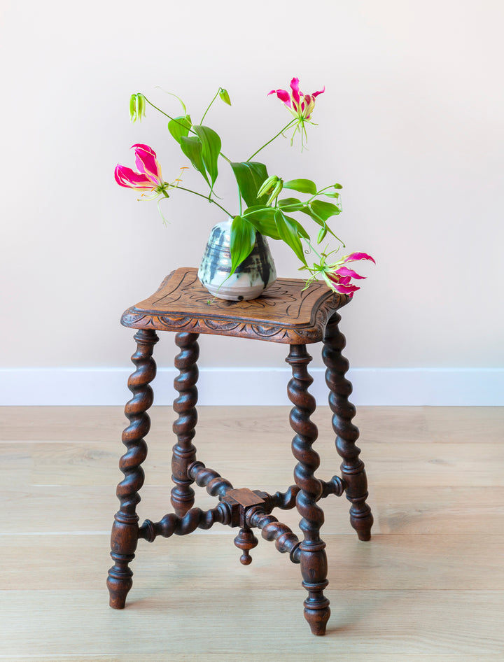 Antique Hand Carved Side Table, Barley Twist Legs