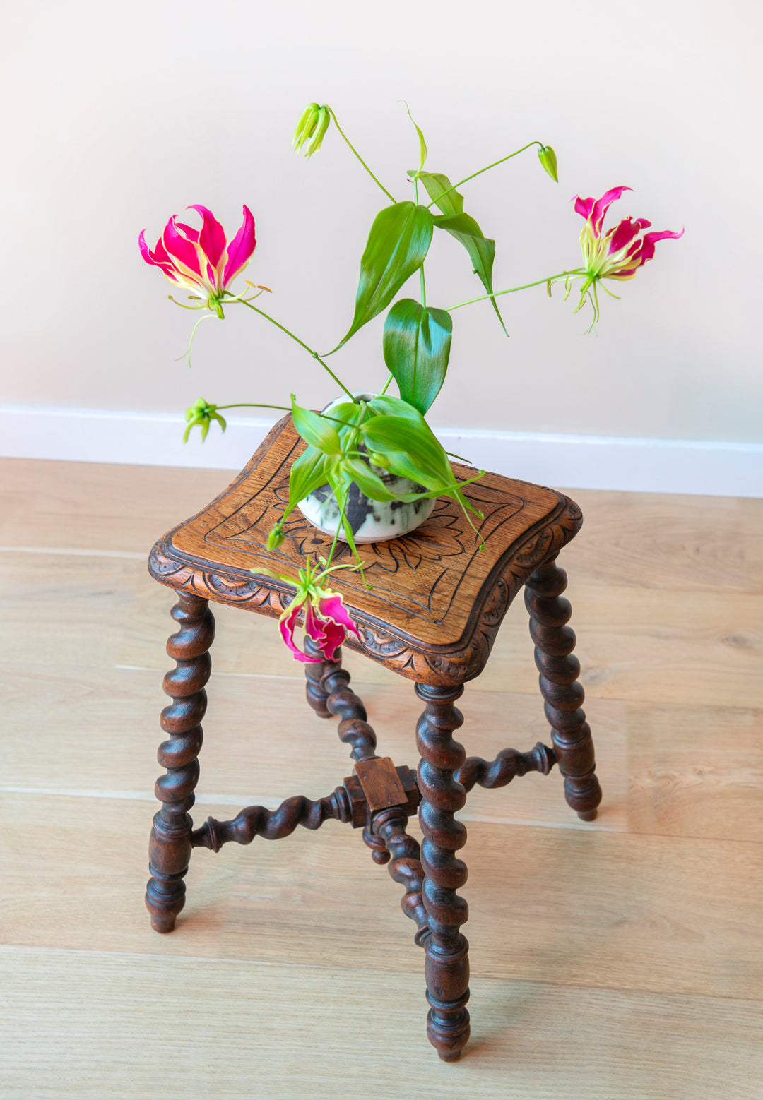 Antique Hand Carved Side Table, Barley Twist Legs