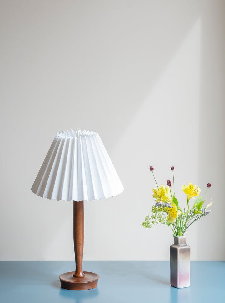 Mid Century Teak Table Lamp With Pleated Linen Shade