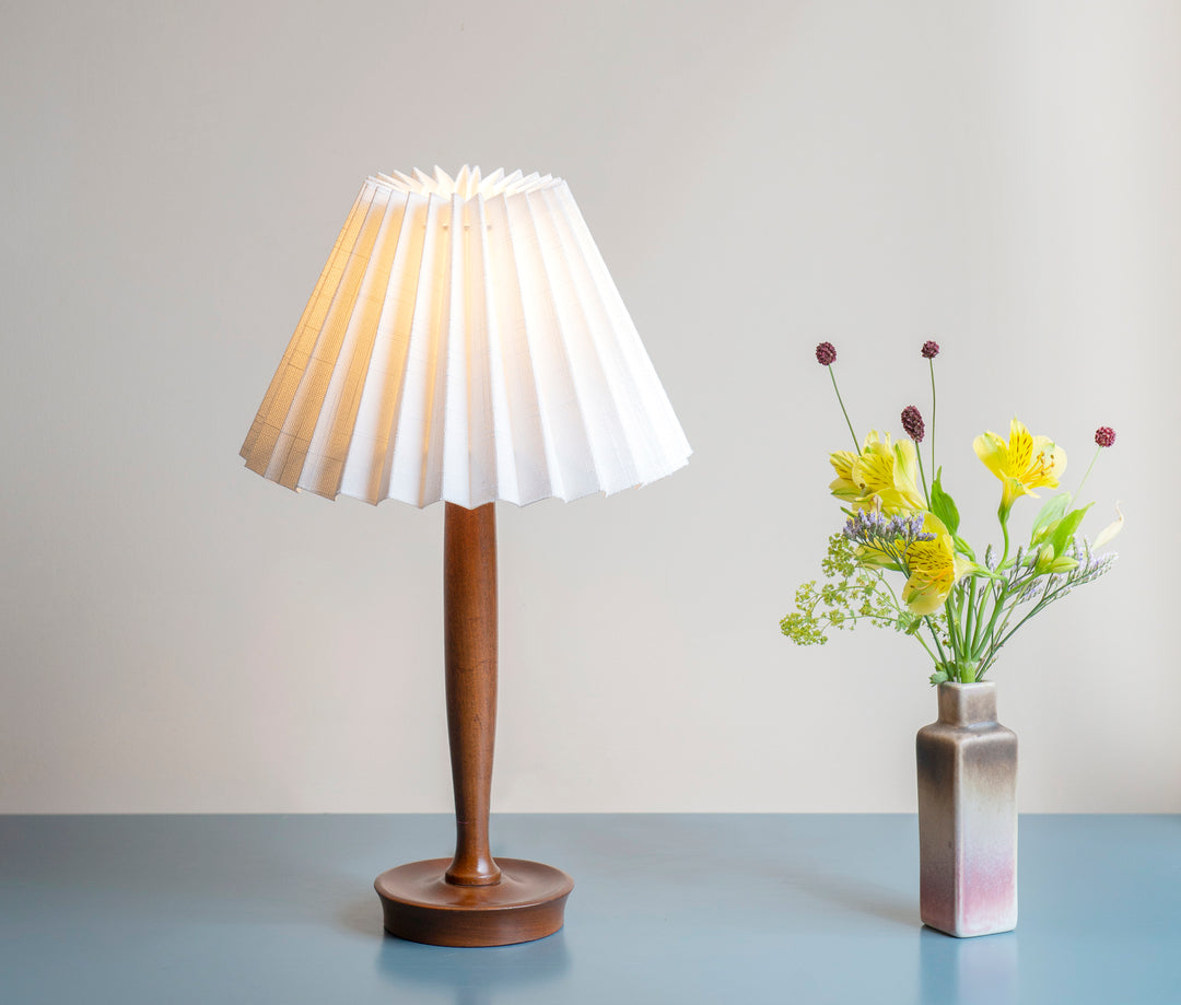 Mid Century Teak Table Lamp With Pleated Linen Shade