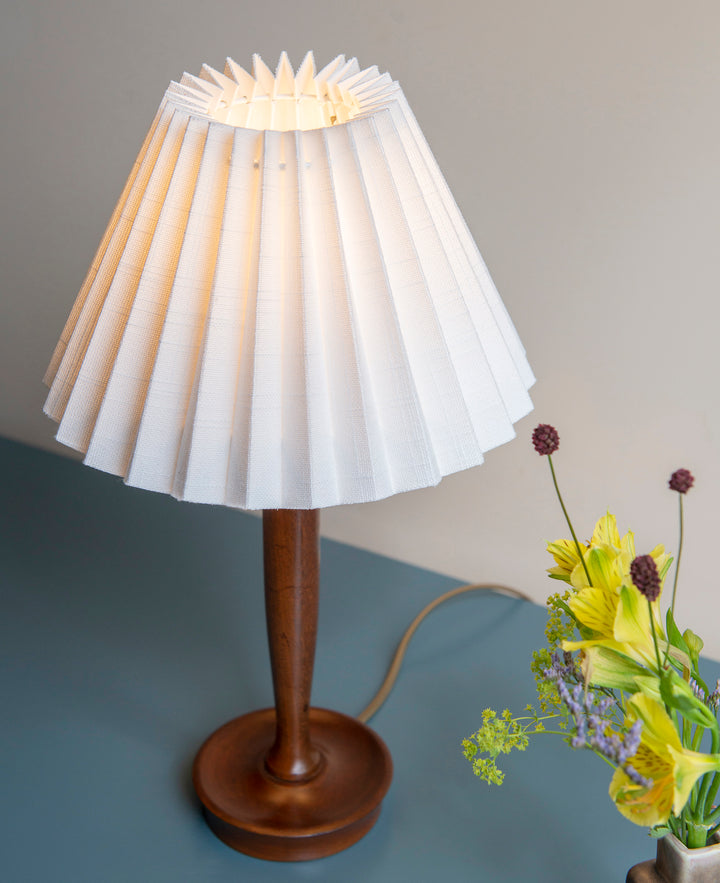 Mid Century Teak Table Lamp With Pleated Linen Shade