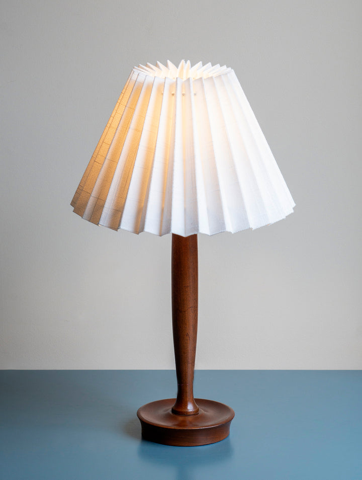 Mid Century Teak Table Lamp With Pleated Linen Shade