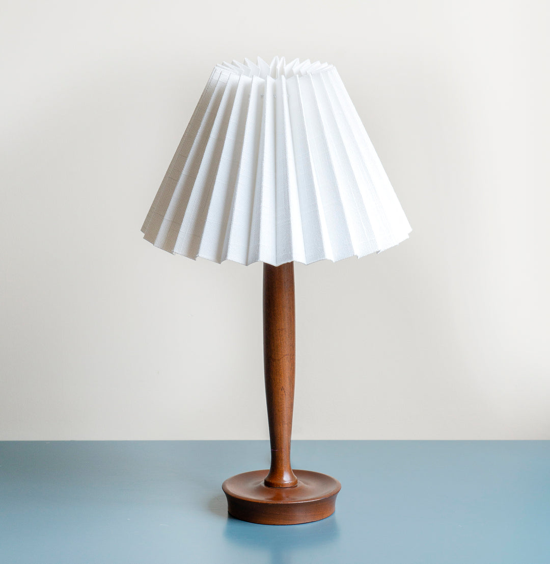 Mid Century Teak Table Lamp With Pleated Linen Shade