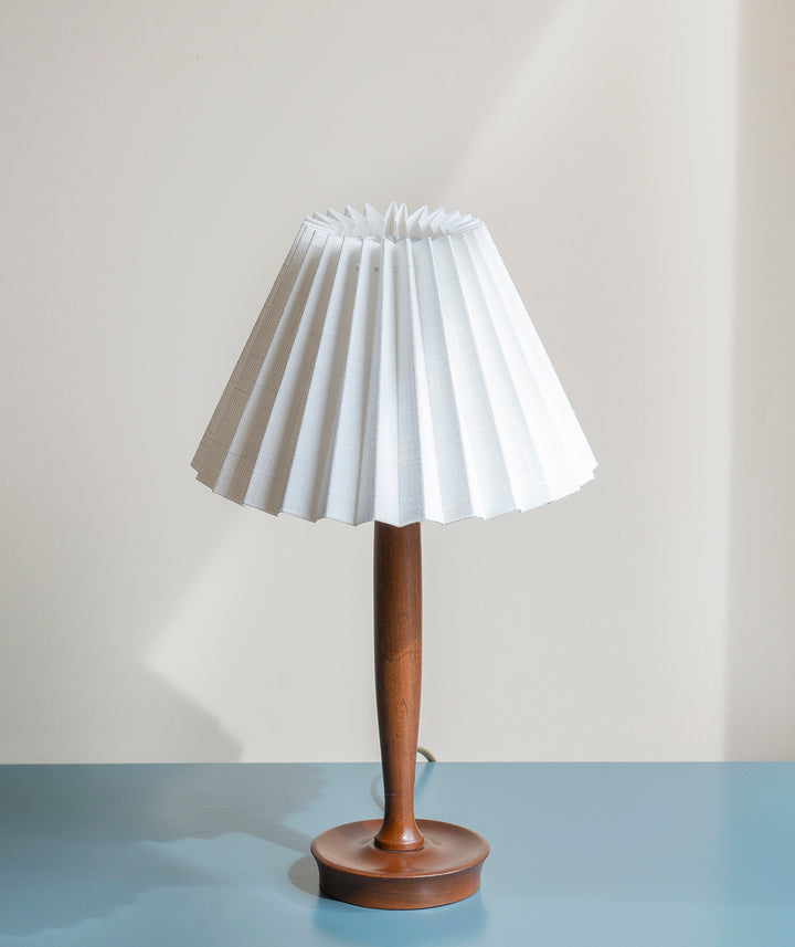 Mid Century Teak Table Lamp With Pleated Linen Shade