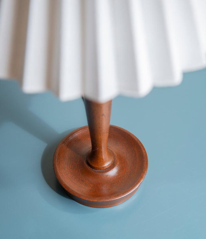 Mid Century Teak Table Lamp With Pleated Linen Shade