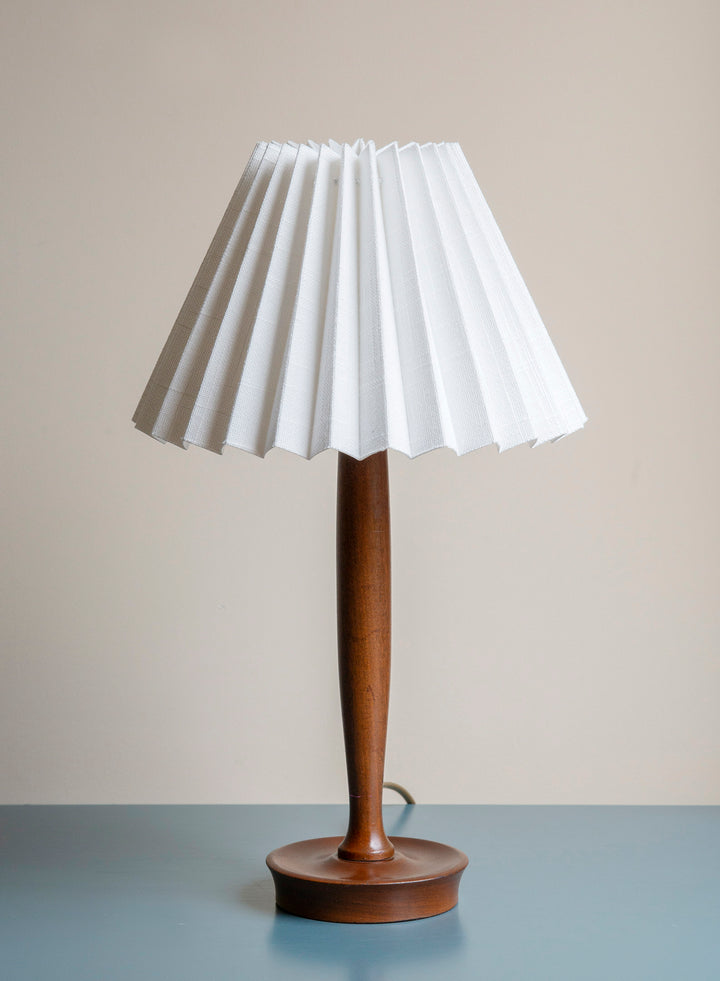 Mid Century Teak Table Lamp With Pleated Linen Shade