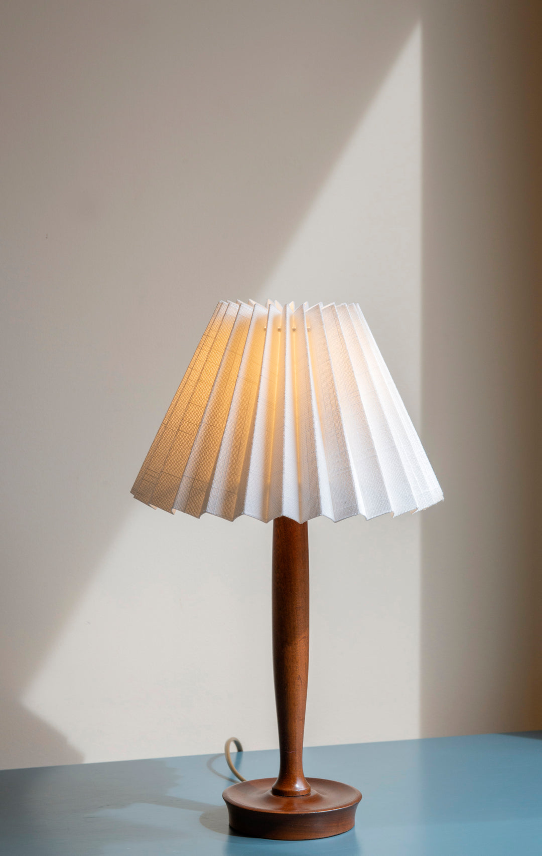 Mid Century Teak Table Lamp With Pleated Linen Shade